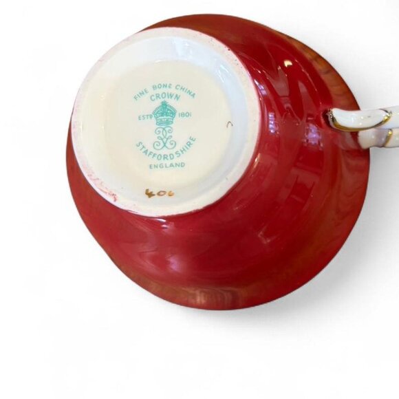 Vintage Staffordshire Bone China Burgundy Gold Teacup Saucer - Picture 3 of 5